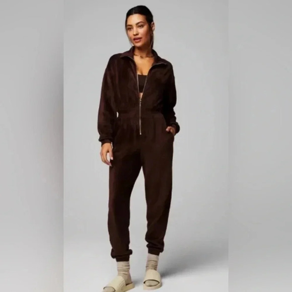 Fabletics brown Large turtleneck jumpsuit with pockets and gold zipper - Picture 1 of 7